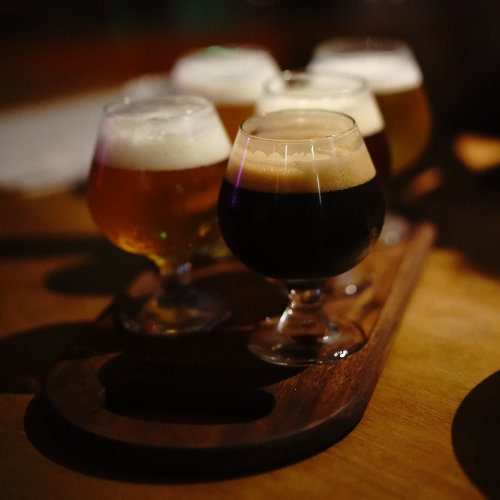 Verschiedene Biersorten in Gläsern auf einem Holzbrett.