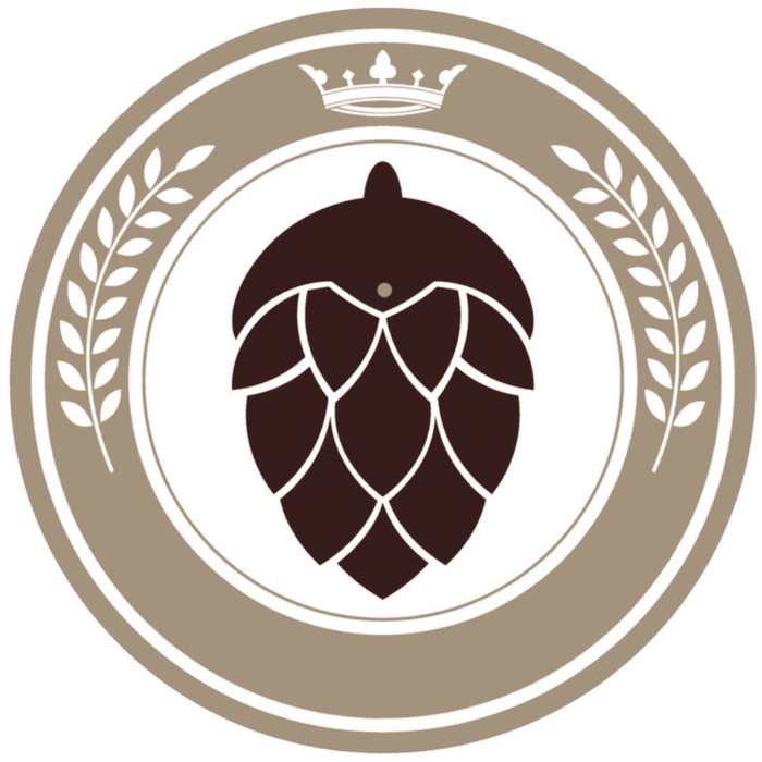 Rusticarum Logo — Hopfendolde mit Krone und Ährenkranz